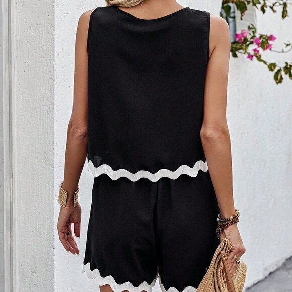 Black Casual Womens Colorblock Seashell Edge Weave Belt Detail Set - Picture 3 of 5